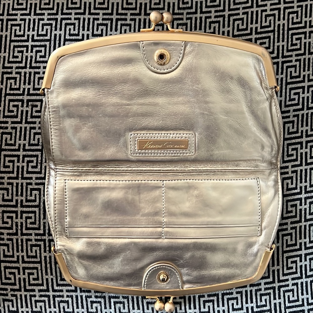 Kenneth Gene Black Suede Leather Kiss Lock Clutch Bag Silver Metallic Interior - Picture 2 of 7